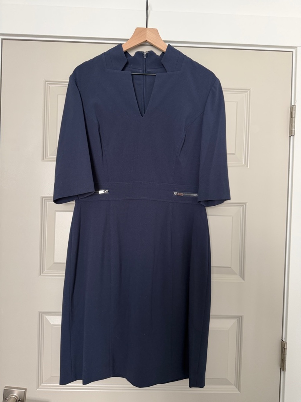 Structured Navy Midi Dress with Notch V-Neck